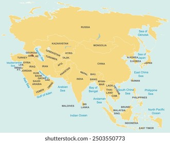 Highlighted map of ARMENIA inside detailed blank flat political map of the Asian continent on isolated background