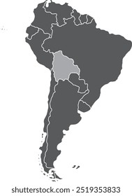 Mapa em destaque de BOLÍVIA dentro de detalhado mapa político em branco do continente sul (latino)-americano, em fundo isolado