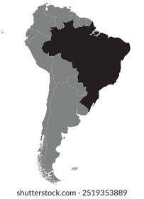 Mapa em destaque do BRASIL dentro de detalhado mapa em branco político plano do continente sul (latino) americano sobre fundo isolado