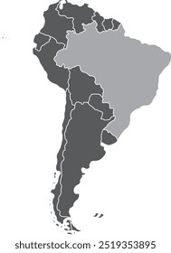 Mapa em destaque do BRASIL dentro de detalhado mapa em branco político plano do continente sul (latino) americano sobre fundo isolado