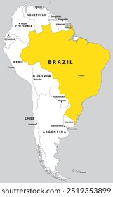 Mapa em destaque do BRASIL dentro de detalhado mapa em branco político plano do continente sul (latino) americano sobre fundo isolado