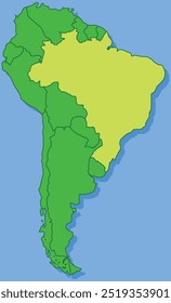 Mapa em destaque do BRASIL dentro de detalhado mapa em branco político plano do continente sul (latino) americano sobre fundo isolado