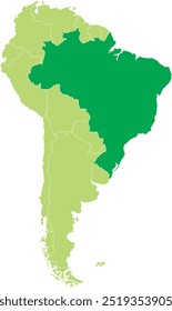 Mapa em destaque do BRASIL dentro de detalhado mapa em branco político plano do continente sul (latino) americano sobre fundo isolado