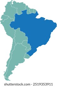 Mapa em destaque do BRASIL dentro de detalhado mapa em branco político plano do continente sul (latino) americano sobre fundo isolado