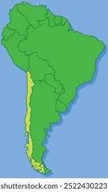 Mapa destacado do CHILE dentro detalhado mapa em branco plano político do continente sul (latino) americano sobre fundo isolado