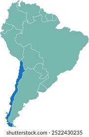 Mapa destacado do CHILE dentro detalhado mapa em branco plano político do continente sul (latino) americano sobre fundo isolado