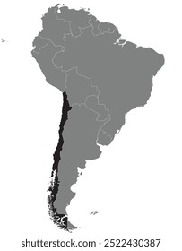 Highlighted map of CHILE inside detailed blank flat political map of South (Latin) American continent on isolated background