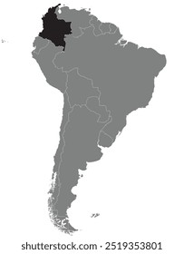 Mapa em destaque de COLÔMBIA dentro de detalhado mapa em branco plano político do continente sul (latino)-americano sobre fundo isolado