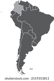 Mapa em destaque de COLÔMBIA dentro de detalhado mapa em branco plano político do continente sul (latino)-americano sobre fundo isolado