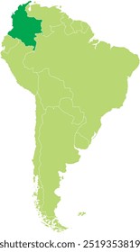 Mapa em destaque de COLÔMBIA dentro de detalhado mapa em branco plano político do continente sul (latino)-americano sobre fundo isolado