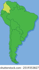 Highlighted map of COLOMBIA inside detailed blank flat political map of South (Latin) American continent on isolated background