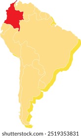Highlighted map of COLOMBIA inside detailed blank flat political map of South (Latin) American continent on isolated background