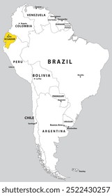 Mapa em destaque de EQUADOR dentro de detalhado mapa em branco plano político do continente sul (latino) americano sobre fundo isolado