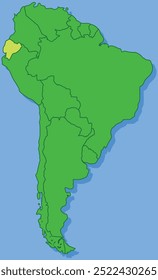 Mapa em destaque de EQUADOR dentro de detalhado mapa em branco plano político do continente sul (latino) americano sobre fundo isolado