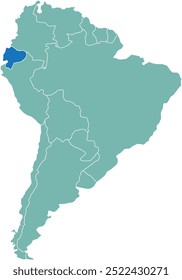 Mapa em destaque de EQUADOR dentro de detalhado mapa em branco plano político do continente sul (latino) americano sobre fundo isolado