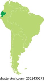 Mapa resaltado de ECUADOR dentro del mapa político plano en blanco detallado del continente sudamericano (Latina) sobre fondo aislado