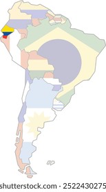 Highlighted map of ECUADOR inside detailed blank flat political map of South (Latin) American continent on isolated background