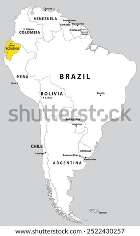 Highlighted map of ECUADOR inside detailed blank flat political map of South (Latin) American continent on isolated background