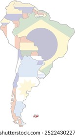 Mapa em destaque de GUIANA FRANCESA dentro de detalhado mapa plano em branco político do continente sul (latino)-americano sobre fundo isolado