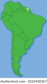 Mapa em destaque de GUIANA FRANCESA dentro de detalhado mapa plano em branco político do continente sul (latino)-americano sobre fundo isolado