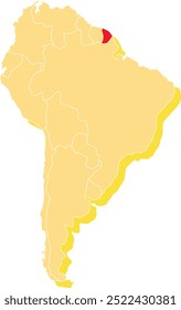 Mapa em destaque de GUIANA FRANCESA dentro de detalhado mapa plano em branco político do continente sul (latino)-americano sobre fundo isolado