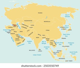 Highlighted map of GEORGIA inside detailed blank flat political map of the Asian continent on isolated background