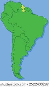 Mapa em destaque de GUIANA dentro de detalhado mapa em branco plano político do continente sul (latino)-americano sobre fundo isolado