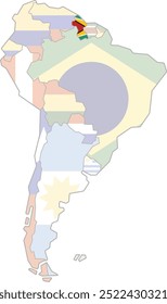 Mapa em destaque de GUIANA dentro de detalhado mapa em branco plano político do continente sul (latino)-americano sobre fundo isolado