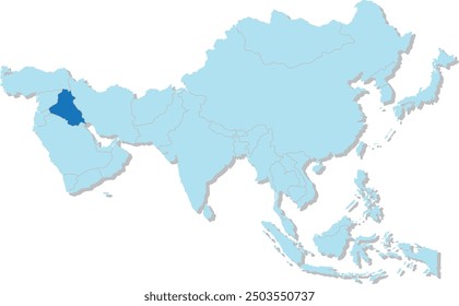 Highlighted map of IRAQ inside detailed blank flat political map of the Asian continent on isolated background
