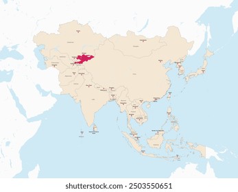 Highlighted map of KYRGYZSTAN inside detailed blank flat political map of the Asian continent on isolated background