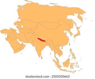 Highlighted map of NEPAL inside detailed blank flat political map of the Asian continent on isolated background