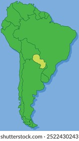 Mapa destacado do PARAGUAI dentro detalhado mapa em branco plano político do continente sul (latino) americano sobre fundo isolado