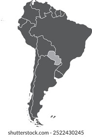 Mapa destacado do PARAGUAI dentro detalhado mapa em branco plano político do continente sul (latino) americano sobre fundo isolado