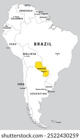 Mapa destacado do PARAGUAI dentro detalhado mapa em branco plano político do continente sul (latino) americano sobre fundo isolado