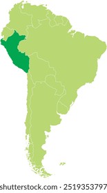 Mapa em destaque de PERU dentro de detalhado mapa em branco plano político do continente sul (latino) americano sobre fundo isolado