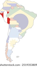 Highlighted map of PERU inside detailed blank flat political map of South (Latin) American continent on isolated background