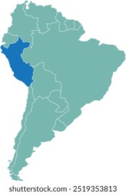 Mapa em destaque de PERU dentro de detalhado mapa em branco plano político do continente sul (latino) americano sobre fundo isolado