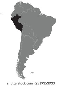 Mapa em destaque de PERU dentro de detalhado mapa em branco plano político do continente sul (latino) americano sobre fundo isolado