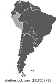 Mapa em destaque de PERU dentro de detalhado mapa em branco plano político do continente sul (latino) americano sobre fundo isolado