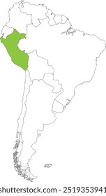 Highlighted map of PERU inside detailed blank flat political map of South (Latin) American continent on isolated background