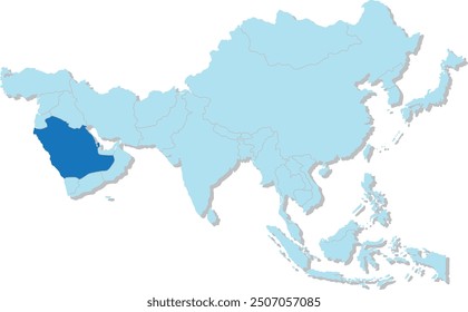 Mapa resaltado de ARABIA SAUDITA dentro de mapa político plano en blanco detallado del continente asiático sobre fondo aislado