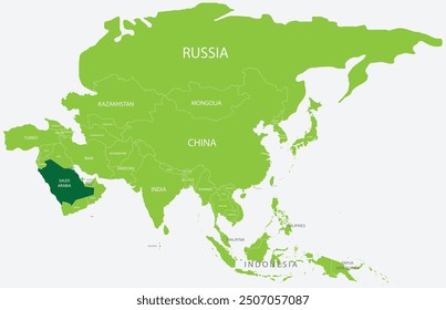 Highlighted map of SAUDI ARABIA inside detailed blank flat political map of the Asian continent on isolated background