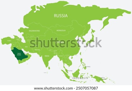 Highlighted map of SAUDI ARABIA inside detailed blank flat political map of the Asian continent on isolated background