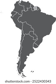 Mapa em destaque do SURINAME dentro de detalhado mapa em branco político plano do continente sul (latino)-americano sobre fundo isolado