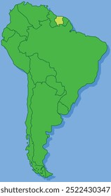 Mapa em destaque do SURINAME dentro de detalhado mapa em branco político plano do continente sul (latino)-americano sobre fundo isolado