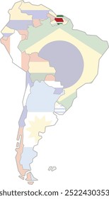 Highlighted map of SURINAME inside detailed blank flat political map of South (Latin) American continent on isolated background