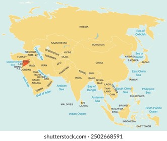 Highlighted map of SYRIA inside detailed blank flat political map of the Asian continent on isolated background