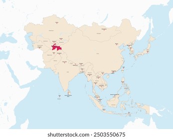 Mapa resaltado de TAYIKISTÁN dentro del mapa político plano en blanco detallado del continente asiático sobre fondo aislado