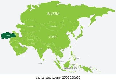 Hervorgehobene Karte der TÜRKEI in detaillierter, flacher politischer Karte des asiatischen Kontinents auf isoliertem Hintergrund