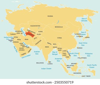 Highlighted map of TURKMENISTAN inside detailed blank flat political map of the Asian continent on isolated background